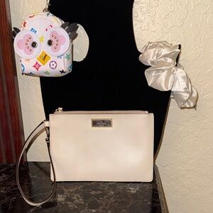 Kate Spade Cream Wristlet. Owl backpack keychain and cream scrunchie
